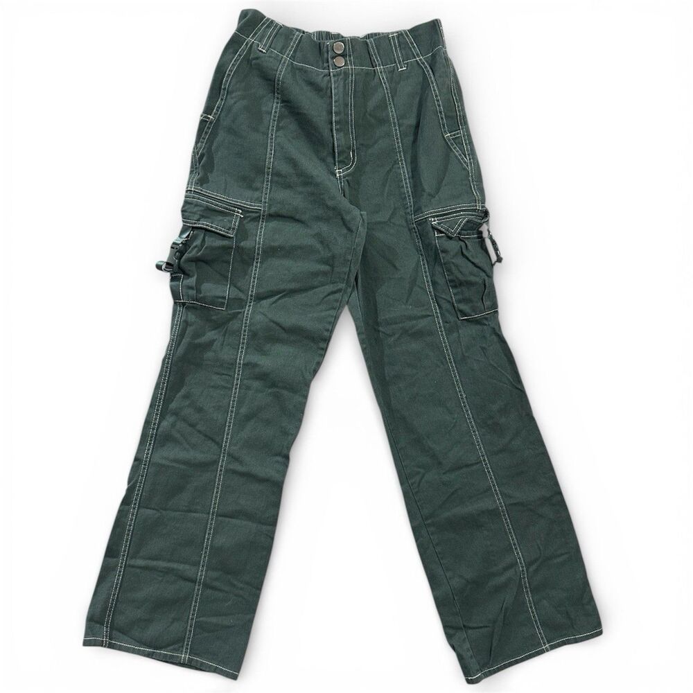 Green Cargo Denim Pants Women Size S Grunge Rock Streetwear Punk Retro Jeans 90s